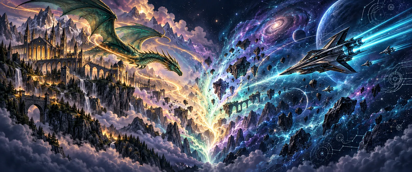 An emerald dragon and a candlelit mountain citadel meet a starship and distant planets, with golden magic and blue cosmic energy converging in a brilliant rift.